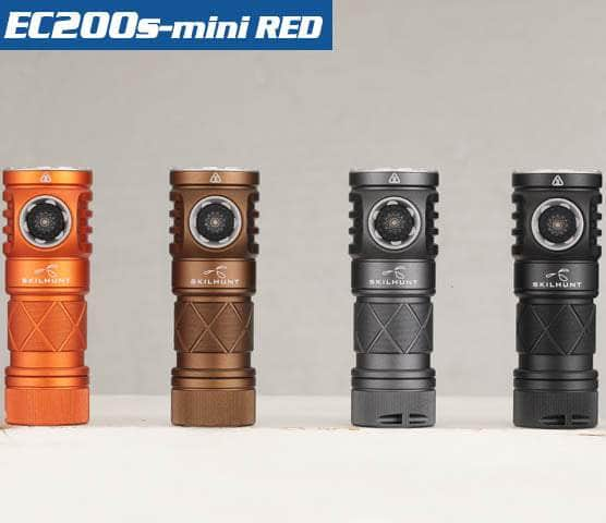 Four Skilhunt EC200S-Mini Red flashlights are displayed vertically in a row, featuring different colors: orange, bronze, dark grey, and black. The image's header indicates "EC200S-mini Red." These USB-C rechargeable EDC flashlights offer convenience and efficiency for everyday use.