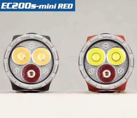 Two Skilhunt EC200S-Mini Red EDC flashlights are displayed side by side, showcasing their front view with two yellow LEDs and a smaller red LED beneath them on each device. The design is compact and practical for everyday carry, and they are USB-C rechargeable for convenience.