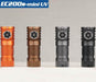 Four Skilhunt EC200S-Mini UV flashlights in different colors (orange, bronze, gray, and black) are lined up against a neutral background, each emitting a 365nm UV beam for precise illumination.