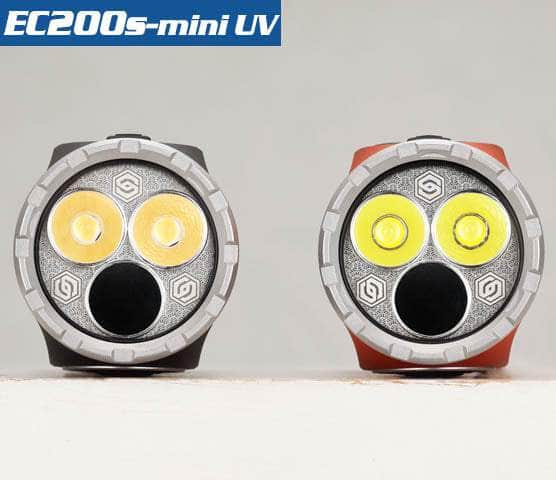 Two small Skilhunt EC200S-Mini UV, with metallic bodies in black and red colors, each featuring a 365nm UV beam from two yellow LEDs and a central black button.