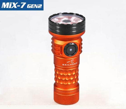 The Skilhunt MiX-7 Gen 2 flashlight stands upright with a textured grip and side button, featuring the advanced CREE XP-G4 LED for superior brightness and High CRI R9080 for true color rendering.