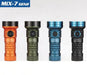 Four Skilhunt MiX-7 Gen 2 flashlights in orange, green, blue, and black are lined up against a simple background, each boasting the remarkable High CRI R9080 for vivid color rendering.