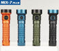 Four flashlights in orange, blue, green, and black are positioned upright against a light background. The label reads "Skilhunt MiX-7 Gen 2 Plus.