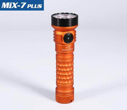 The Skilhunt MiX-7 Gen 2 Plus flashlight, featuring a textured grip and a vibrant orange design, stands upright against a plain backdrop.