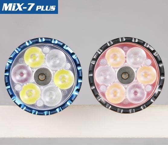 The Skilhunt MiX-7 Gen 2 Plus is presented with lens assemblies in both blue and red casings, each incorporating multiple LED bulbs to highlight their sophisticated design.