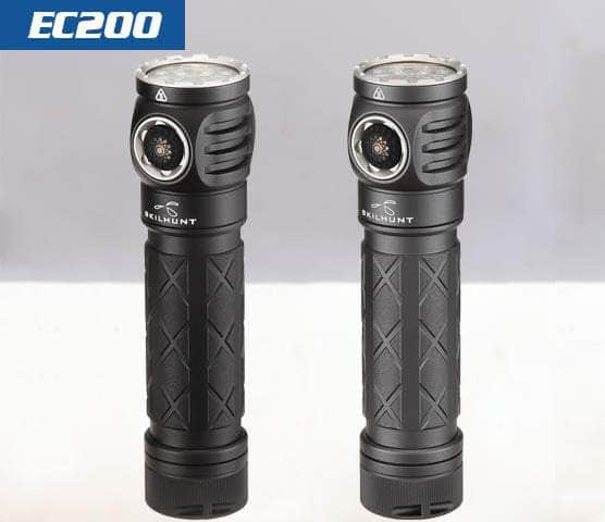 Two black, textured flashlights labeled "Skilhunt EC200" are standing side by side on a plain background. These EDC flashlights deliver an impressive 2250 lumens of brightness and are USB-C rechargeable for convenience.