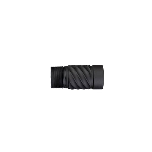 The Weltool BB11 extension tube is a black metal cylindrical object with threaded grooves and a textured spiral design in the middle, designed to enhance the compatibility of the F11R flashlight with 21700 batteries.