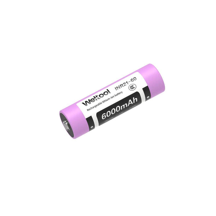 A pink 21700 lithium-ion battery labeled "Weltool INR21-60 6000mAh.