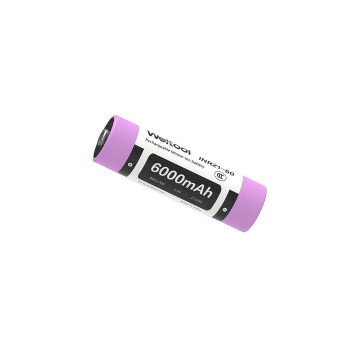 Set against a white background, the Weltool INR21-60 6000mAh 21700 high-capacity rechargeable battery in purple is prominently displayed.