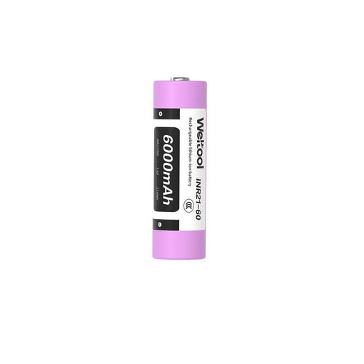 A Weltool INR21-60 6000mAh 21700 rechargeable lithium-ion battery in purple, featuring a black and white label detailing its specifications.