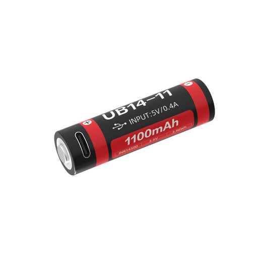 The Weltool UB14-11 is a cylindrical black and red 14500 Li-ion battery featuring the USB input symbol and offering a capacity of 1100mAh. It is Type-C USB rechargeable, providing convenience and compatibility with modern devices.