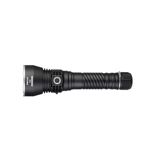 The Weltool F6R is a black handheld high-lumen flashlight with a textured grip and a side button. It features a wide, cylindrical head and a narrow body, delivering 200 lumens as a rechargeable LED searchlight.