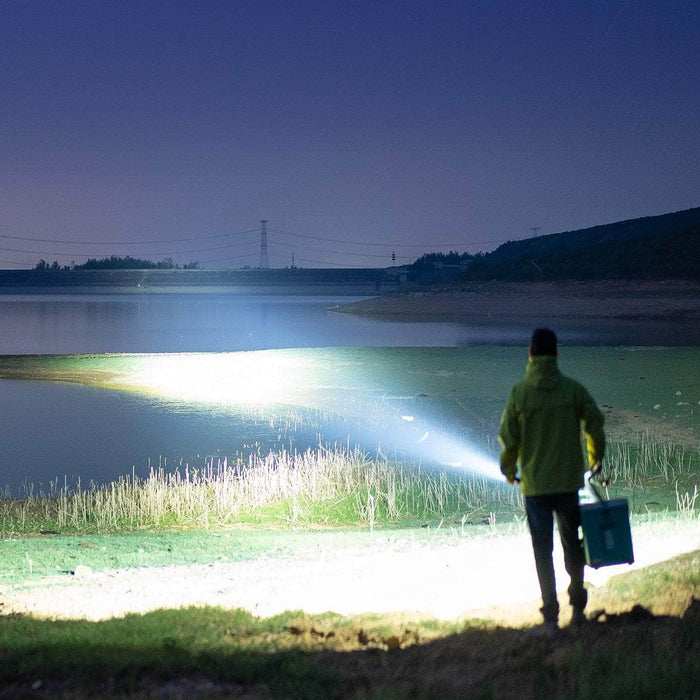 A person in a green jacket uses the Weltool F6R flashlight to illuminate a body of water at night, while holding a box in their other hand.