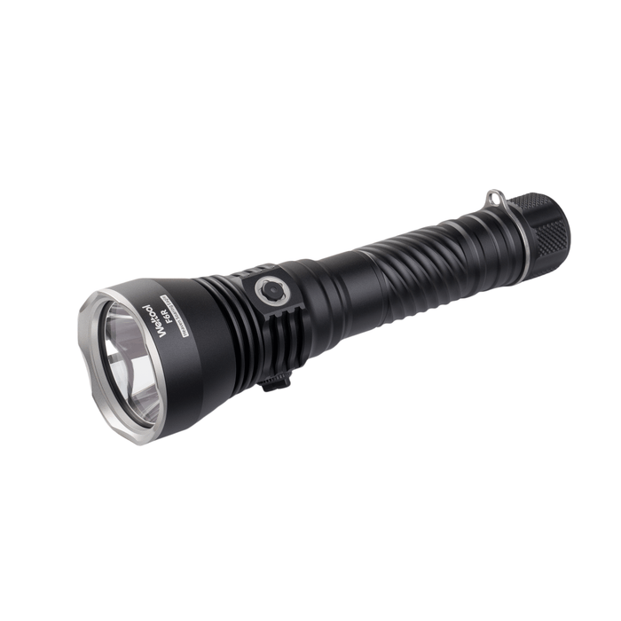 The Weltool F6R is a black handheld flashlight featuring a ridged grip, silver-colored head, and a side button. This high-lumen rechargeable flashlight provides powerful illumination, making it ideal for various tasks.