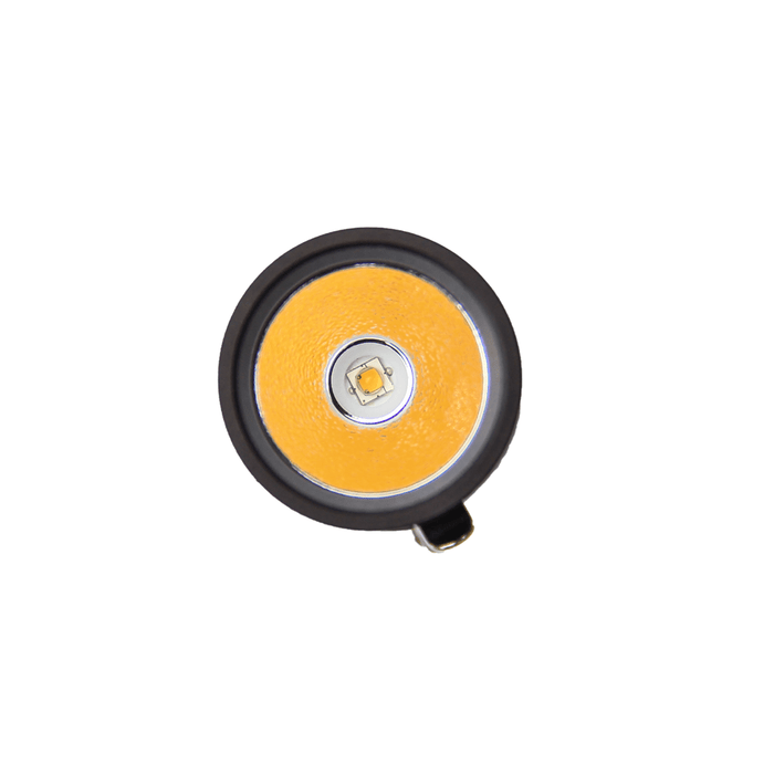 Close-up view of a Weltool LH5 95CRI 4000K Light Head with a yellow reflector, providing high-quality illumination.