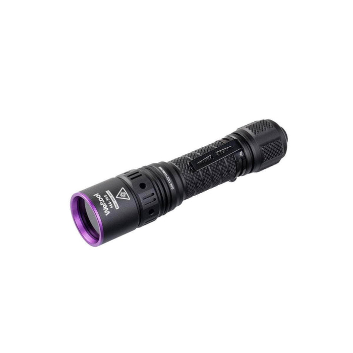 The Weltool M4-365 UV flashlight is a black tactical device with a purple bezel, textured grip, and the "Wurkkos" branding on the side. It features a 365nm wavelength for enhanced visibility and is powered by a rechargeable lithium-ion battery for long-lasting illumination in any situation.