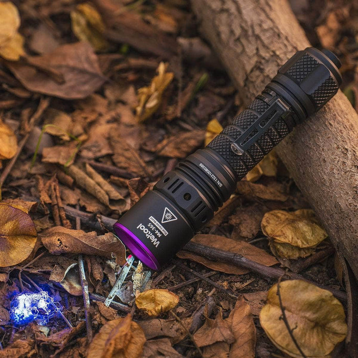 A Weltool M4-365 UV flashlight rests on the ground among dry leaves and twigs, casting a mesmerizing blue and purple light at 365nm.