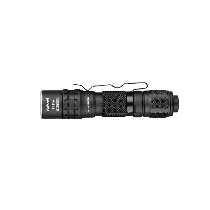 A black tactical EDC LED flashlight with a textured grip and a pocket clip, branded as Weltool. Model: T1 Pro V2, this powerful tool features 2000 lumens and runs on a 14500 lithium-ion battery, making it perfect for emergency preparedness.