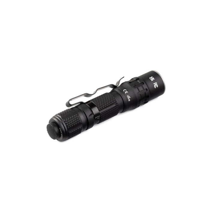 The Weltool T1 Pro V2 in black, featuring a textured grip, side clip, and various markings on the body, is an excellent addition to your emergency preparedness kit. This EDC LED flashlight, compatible with a 14500 lithium-ion battery, provides reliable illumination in critical situations.