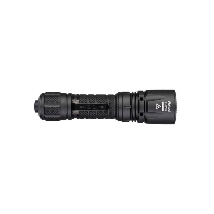 The Weltool T12 Plus is a black tactical flashlight featuring a textured grip and an on/off button. It offers a 3TAC function and is powered by a high-capacity 21700 battery for enhanced performance.