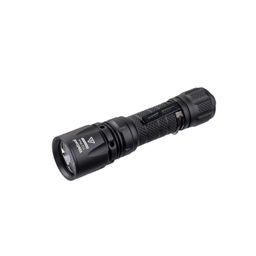 The Weltool T12 Plus, a black tactical flashlight featuring a textured grip and a sleek cylindrical design powered by a 21700 battery, is positioned at a slight upward angle against a plain white background.