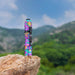 A Weltool T1Pro V2 Colorful Version LED flashlight, featuring a geometric design, is placed on a rock with a backdrop of green hills and a cloudy sky. Powered by a 14500 lithium-ion battery, it stands ready for adventure.