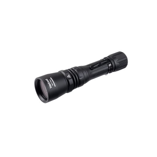 The Weltool W3Plus LEP Tactical Flashlight, featuring a textured grip, a large lens, and the brand logo on the side, offers 940 lumens of bright light in a sleek black design.