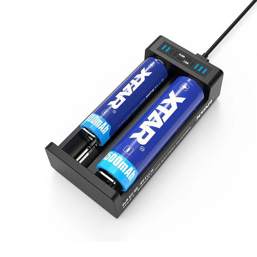 The XTAR MC2 Plus, utilizing advanced charging technology, showcases two blue rechargeable batteries connected with a stylish black cable for rapid and efficient energy replenishment.