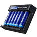 The XTAR MC6C Li-ion Battery Charger in black accommodates six blue XTAR rechargeable batteries, each marked with "4000mAh," and includes Real-Time Charging Monitoring functionality.