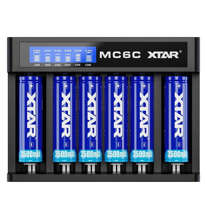 XTAR MC6C battery charger featuring real-time charging monitoring, complete with six slots each containing a blue rechargeable "XTAR 3500mAh" Li-ion battery.