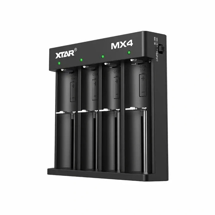 The XTAR MX4 incorporates intelligent battery recognition, accommodating up to four batteries simultaneously, with green indicator lights above each slot to signify charging status and ensure versatile compatibility for all your charging requirements.