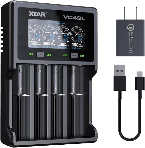 The XTAR VC4SL charger includes four charging slots and a digital display for universal compatibility. It is equipped with a Quick Charge 3.0 adapter and USB cable, featuring USB-C charging capabilities for efficient power delivery.